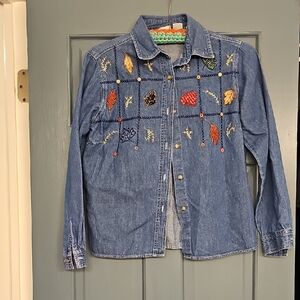 VINTAGE Cabin Creek shirt Denim Embroidered Fall Leaves RETRO Women Petite  SP